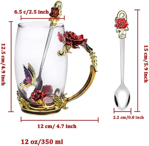 Tea Cup, Mother's Day Gifts, Coffee Mug, Clear Glass Cups with Spoon Set, Handmade Butterfly, Unique Rose Flower Enamel Design, Birthday Decoration Wedding Gift Ideas (Red Tall)