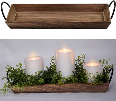 AGLARY Rectangle Wood Candle Tray with Black Metal Handles, Rustic Wood Candle Holder for Displaying Candles,Centerpieces for Dining Table,Mantel, Coffee Table