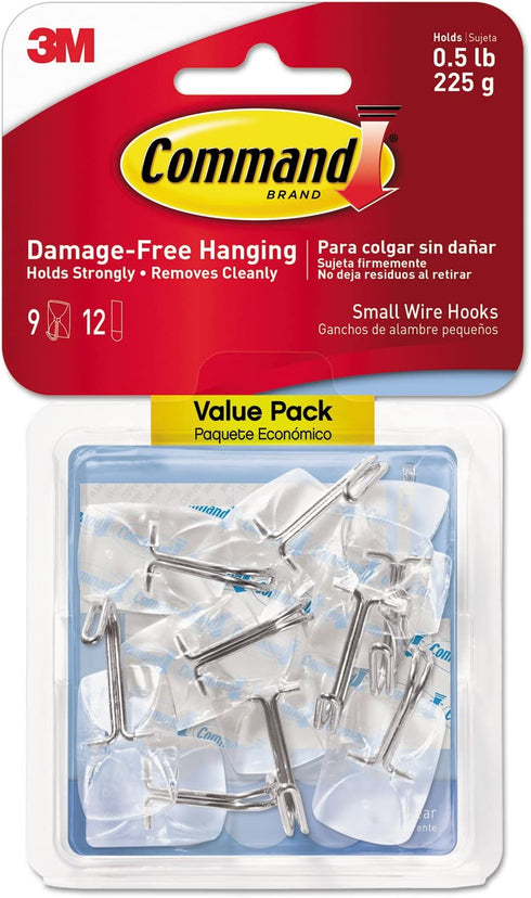 3M Command 17067Clr9es Clear Hooks & Strips, Plastic/Wire, Small, 9 Hooks W/12 Adhesive Strips/Pack