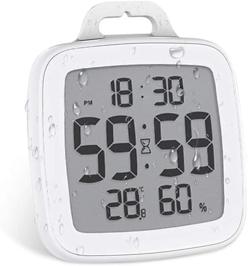 Number-one Shower Clock Digital Bathroom Countdown Clock Battery Operated Kitchen Wall Timer Clock, Waterproof for Water Spray, Large LCD Screen, Temperature Humidity Display for Shower Cooking, White