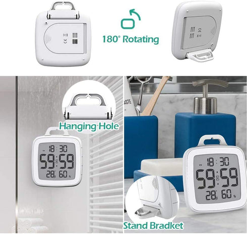 Number-one Shower Clock Digital Bathroom Countdown Clock Battery Operated Kitchen Wall Timer Clock, Waterproof for Water Spray, Large LCD Screen, Temperature Humidity Display for Shower Cooking, White