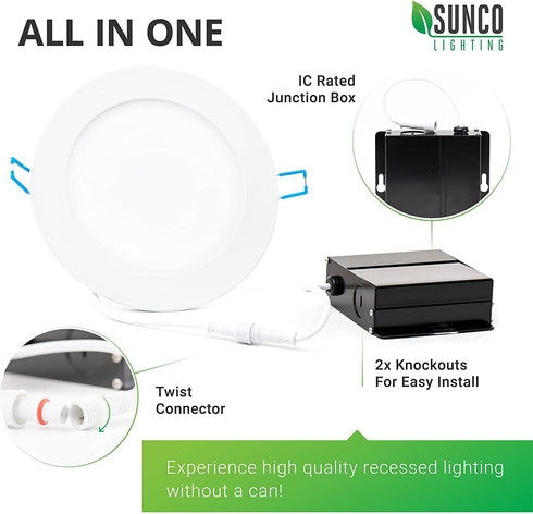 Sunco Lighting 4 Inch Ultra Thin LED Recessed Ceiling Lights Slim, 5000K Daylight, Dimmable 10W=60W, 650 LM, Smooth Trim Damp Rated, Canless Wafer Thin with Junction Box - ETL & Energy Star 2 Pack