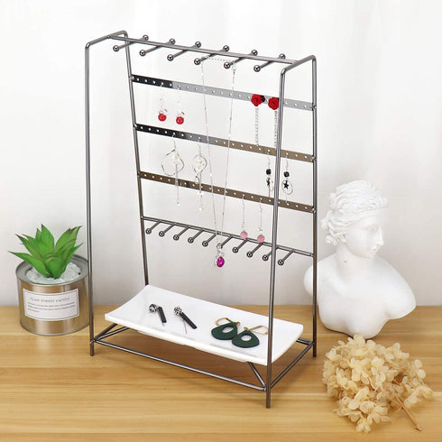 MORIGEM Jewelry Organizer, 5 Tier Jewelry Stand, Decorative Jewelry Holder Display with White Tray for Necklaces, Bracelets, Earrings & Rings, Dark Gray