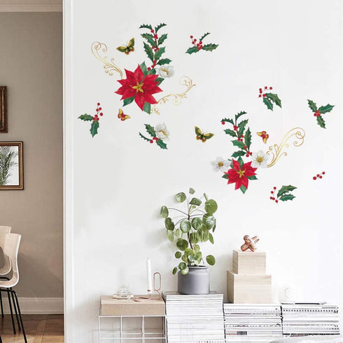 ufengke Christmas Poinsettia Flower Wall Stickers Butterflies Window Clings Decal for Showcase Home Decor Merry Christmas Decoration