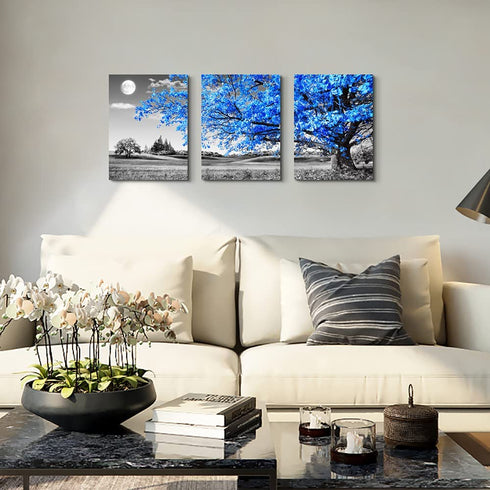 Wall Art For Living Room black and white Blue tree moon Canvas Wall Decor for Home artwork Painting 12" x 16" 3 Pieces Canvas Print For bedroom Decor Modern Salon kitchen office Hang a picture