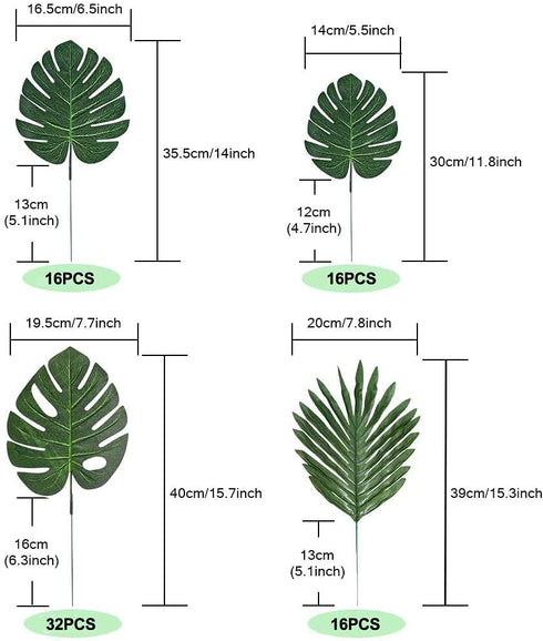 rubzdeco 80 Pcs 4 Kind Palm Leaves Artificial Faux Leaf with Stem for Tropical Jungle Safari Theme Birthday Beach Baby Shower Wedding Decoration Luau Hawaiian Supplies