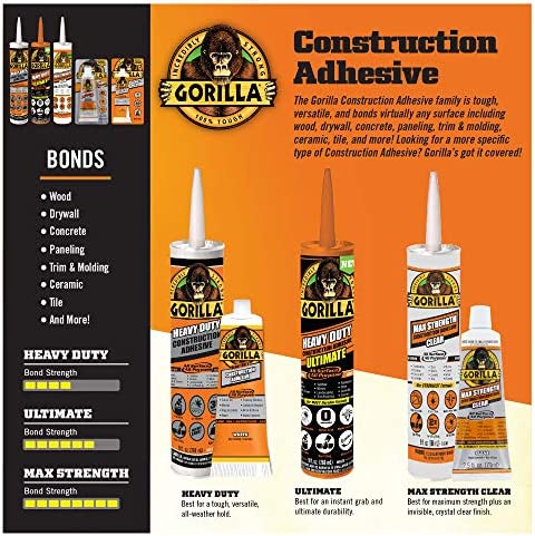 Gorilla Max Strength Clear Construction Adhesive, 2.5 Ounce Squeeze Tube, Clear, (Pack of 1)