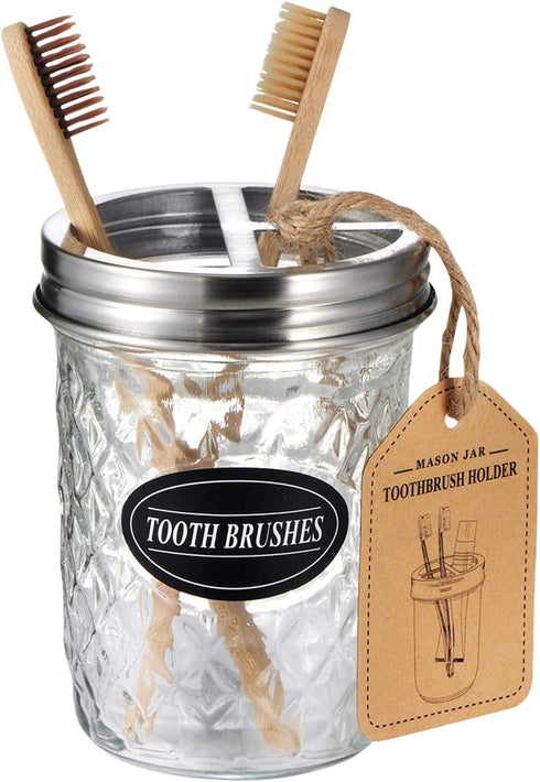 Mason Jar Bathroom Accessories Set(4 Pack) - Foaming Soap Dispenser&Qtip Holder Set&Toothbrush Holder-Rustic Farmhouse Decor Bathroom Organizer Apothecary Jar Country Countertop (Brushed Nickel)