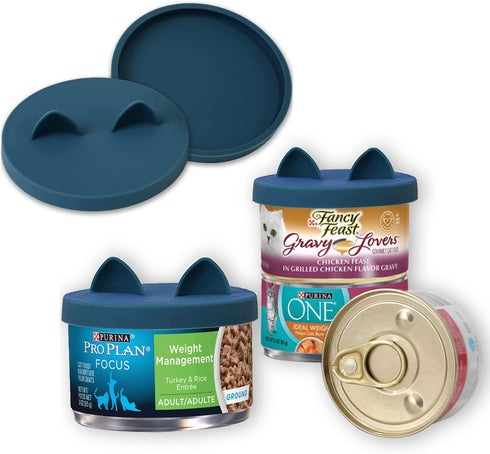 OHMO 2 Pack Cat Food Can Lids, Small Size (3 oz) Silicone Pet Food Can Lids Covers for 2.5 oz Cat Food Cans, Dark Blue