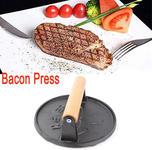 Wener Bacon Press 6.88-Inch Round,Heavy-Duty Cast Iron Grill Press/Meat Press/Steak Grill Weight/Burger Smasher/Burger Press With Wood Handle (A)