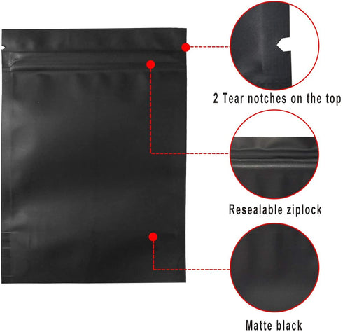 STUs 100 Pack Smell Proof Stand-Up Bags - 4 x 6 Inch Resealable Mylar Bags Foil Pouch Double-Sided Bag Matte Black