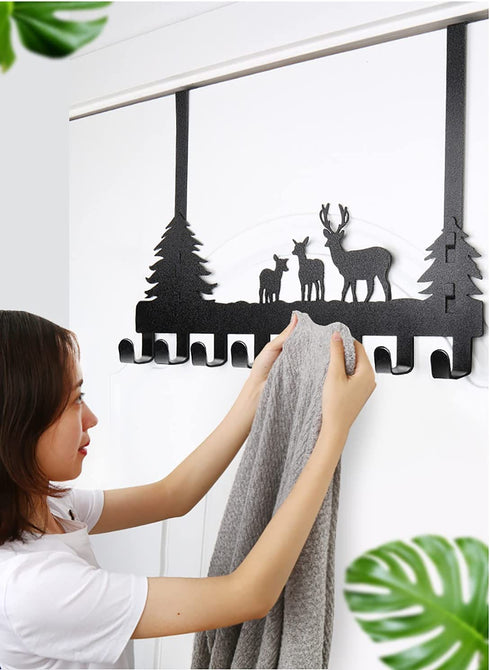CuteHook Over The Door Hook Easy Installation Organizer Coat Hooks Wall Mounted Metal Towel Hook Rack Animal Deer Hanger for Bathrooms Door Hanging Dual Mounted Key Hooks 8-Hooks, Black