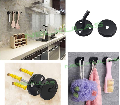 NELXULAS Classic Black Stainless Steel Heavy Duty Coat Hook, Durable Robe Hanger Wall Mount Hook, Perfect Touch Your Bathroom, Bedroom, Closets, Wardrobe, Kitchen (8", 4 PCS)