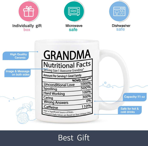 Grandma Nutritional Facts Mug Grandma Gifts Cup Mothers Day Gifts for Grandma Coffee Mug for Mother's Day Birthday Gifts for Grandma 11 Oz