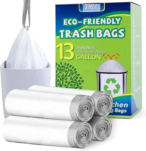 Trash Bags 13 Gallon Tall Kitchen Drawstring Garbage Bags, Biodegradable Clear Medium Strong Trash-Can-Liner for Home Bathroom Office (White, 100 Count)