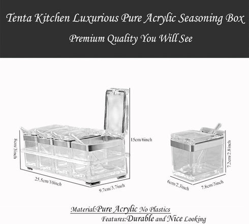 Tenta Kitchen Gourmet Acrylic Seasoning Box - Premium Quality Pure Acrylic Container and Case- 18/8 Stainless Steel Ring - 4 Serving Spoons -Luxurious Condiment Cruet Bottle, Spice Jar Set
