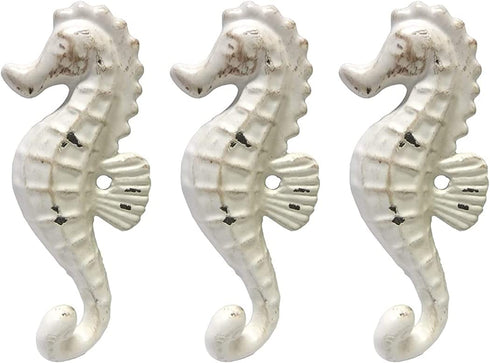 Weathered Cast Iron Seahorse Wall Hooks, White, Set of 3 (White)