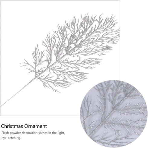 HEMOTON 12PCS Artificial Pine Branches Glitter Pine Needles Spray Stems Faux Cedar Spray Picks Greenery DIY Accessories for Christmas Holiday Winter Garden Decor Silver