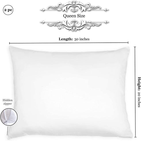Bamboo Pillow Cases Queen Size - Set of 2 Bamboo Pillowcase with Zipper, Cooling Pillow Cases Zippered, Cool Pillow Cases, White Satin Pillowcase for Hair and Skin Women, Queen Pillow Covers 2 Pack