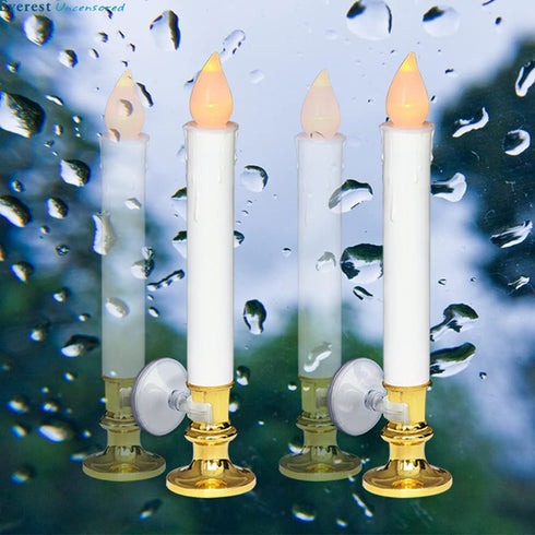 DRomance 9" White Flameless LED Flickering Window Taper Candles Battery Operated with Remote and Timer, Set of 4 Christmas Window Candles Gold Holders, Suction Cups and Battery Included