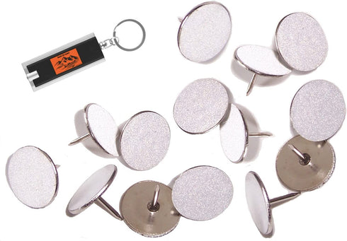 White Reflective Tacks (100 Pack) Trail Marking Tacks, Glow Tacks, Hiking Markers, Trail Marking Reflectors, Mark Trail Reflective Thumb Tacks for Hunting, White Tacks with Included LED Keychain Light