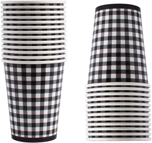 Gatherfun Gingham Black and White Party Supplies Disposable Paper Plates Napkins Cups Knives Spoons Forks Tablecloth Banner for Birthday Party Family Dinner Picnic Graduation Party, Serve 25