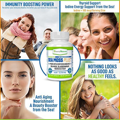 Power By Naturals Organic Sea Moss Plus + Leptin Detox Cleanse | Immune System, Thyroid Support, & Gut Health | Wildcrafted Seamoss Bladderwrack Burdock Root Capsules | 60 Irish Sea Moss Pills