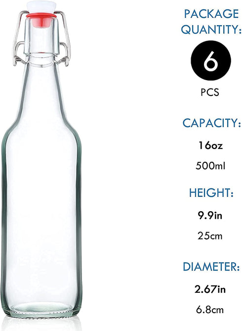 YEBODA Clear Glass Beer Bottles for Home Brewing with Easy Wire Swing Cap & Airtight Silicone Seal 16 oz- Case of 6