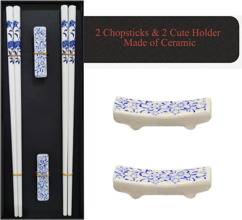 Ceramic Chopsticks reusable with Porcelain Holder and Delicate Box Reusable Chopsticks and Dishwasher Safe,Porcelain Chopsticks (2 Pairs Blue rose)