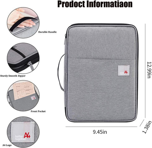 A4 Document Bags Portfolio Organizer Waterproof Business File Holder Travel Document Bags for Office Ipad Pen Notebooks(Light Grey)