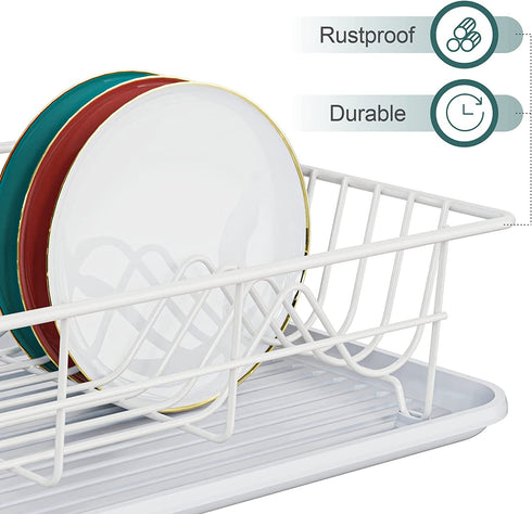 Dish Drying Rack, Veckle Sink Side Dish Rack with Drainboard Cutlery Utensil Holder Dish Drainer Wire Rack for Kitchen Countertop, White