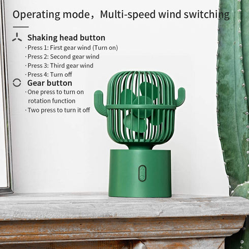 Personal Fan Small Desktop USB Desk Fan, Cactus Mini Handheld Table Rechargeable 80 Degree Auto Rotation Portable Fans, 3 Speeds Strong Wind, Quiet Operation Fan for Room Home Office Outdoor Travel