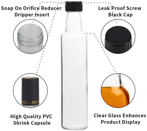 15 Pack Hot Sauce Bottles, YULEER 8.5 oz Woozy Bottles with Leak Proof Screw Black Cap, Shrink Capsule, Snap On Orifice Reducer Dripper Insert, Round Glass Bottles for DIY Hot Sauce, BBQ Sauce, Christmas Gift for Women