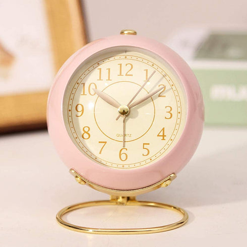 SHISEDECO Small Table Clocks, Classic Non-Ticking Tabletop Alarm Clock with Backlight, Battery Operated Desk Astronaut Clock with HD Glass for Living Room Bedroom Bedside Indoor Decor (Pink)