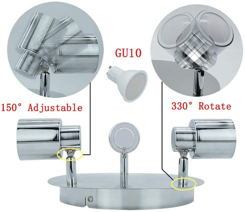 DLLT Modern 3-Light Multi-Directional Ceiling Fixture, Adjustable Round Track Lighting Kits, GU10 LED Bulb Flush Mount Ceiling Spot Light for Kitchen Hallway Bedroom, Warm White, Polished Chrome