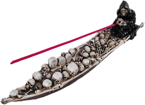DWK Grim Reaper Skull Boat Decorative Incense Holder | Grim Reaper Decoration Large Incense Burner | Skull Decor Gothic Bookshelf | Reaper Figurines - 10L