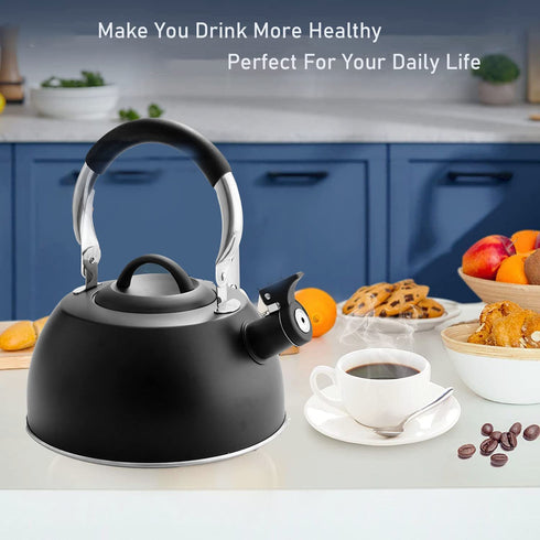 Suyika Tea Kettle Stovetop 3 Quart Stainless Steel Whistling Tea Pots for Stove Top with Cool Touch Ergonomic Handle Teapot - Black
