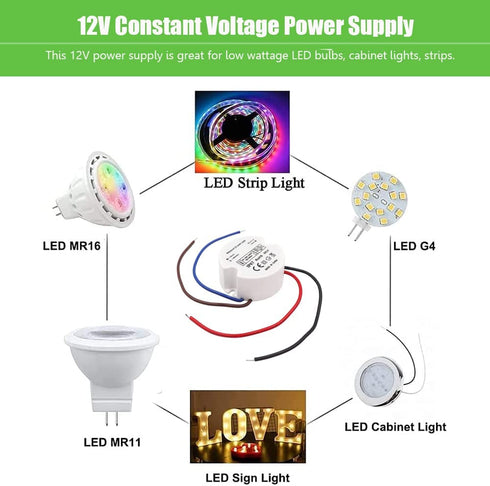 Makergroup 12V LED Power Supply Driver, IP67 Waterproof Constant Voltage Transformer, 120VAC to 12V DC Converter for LED Strip Lights Cabinet Lights and G4, MR11, MR16 Light Bulbs (15W 2-Pack)