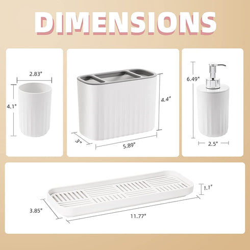VITVITI Toothbrush Holder, Plastic Bathroom Organizer Countertop, Bathroom Counter Asseccories Storage Set with Tumbler, Soap Dispenser, Drainage Tray, for Bathroom/Toothpaste/Kids - White