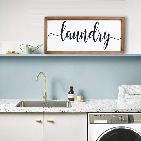 Mokof Laundry Sign, Farmhouse Laundry Wood Sign for Laundry Room Wall Decor (Frame, 17'' X 8'')