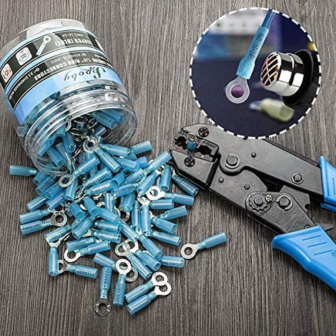 150PCS Heat Shrink Ring Connectors 1/4" Blue 16-14 AWG - Sopoby Electrical Crimp Ring Connectors - Heat Shrink Wire Connector Kit - Automotive, Marine, Audio, Industrial