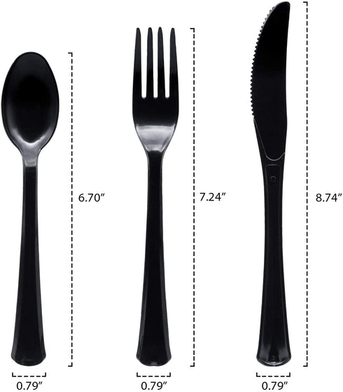 Party Essentials Extra Heavy Duty Hard Plastic Cutlery Combo Pack, Full Size Knives/Forks/Spoons, Black, 96-Pieces/ 32-Place Settings (N1224BK-4)