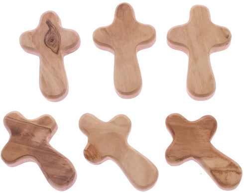 Zuluf Six Small Olive Wood Crosses The Holding Crosses From Israel | Handheld, Comforting Design for Clutching, Clinging With 6 Holy Land Certificates 6cm / 2.5 Inch Each Cross - CRS095