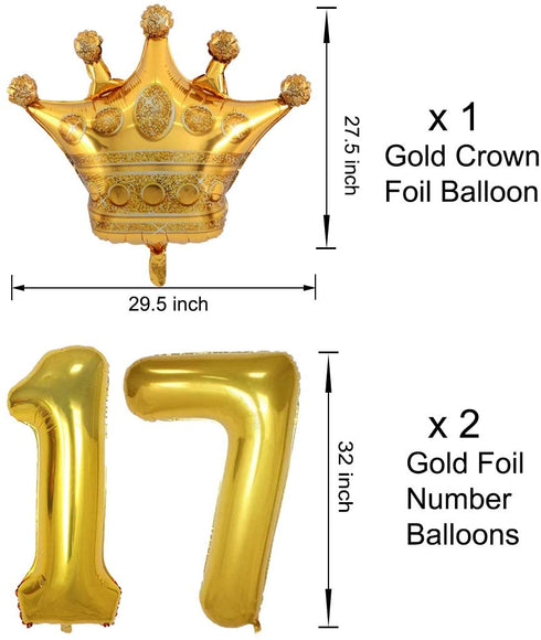 17th Birthday Decorations for Men Boy Women Girl,Black and Gold Birthday Decorations for 17th and 71st Happy Birthday Party with 17 Gold Number Balloon Happy Birthday Banner and Gold Crown Balloons
