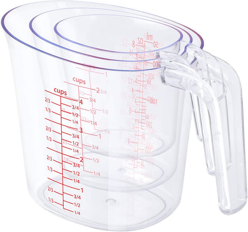 Drizom Measuring Cups Set , Good Grips 3-Piece Measuring Cup Set of BPA-free Stackable Clear Heat-resistant Plastic with Unique Plug-in Nested Design Handle and Multiple Angled Measurement Scales