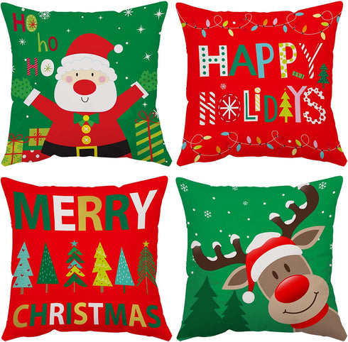 Neatee Living Merry Christmas Pillow Covers 20x20 Set of 4 Velvet Cases Red Green Xmas Holiday Throw Soft Tree Cushion for Outdoor Home Bed Sofa Couch(20 Inch)