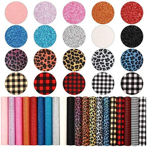 20 Pieces Faux Leather Fabric Sheet Set Plaid Faux Leather Sheets Shiny Glitter Faux Leather Sheets Leopard Faux Leather Sheets for DIY Crafts Sewing Making Earrings Hair Bows Clips