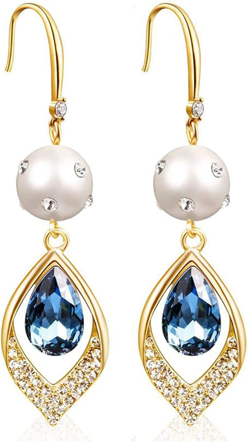 Elegant Blue Crystal Teardrop Dangle Earrings for Women,Giftable Weddings Jewelry for Bride Bridesmaid,14K Gold and Blue Zircon Drop Earrings