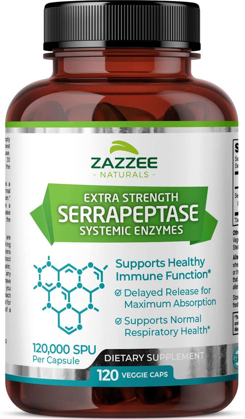 Zazzee Extra Strength Serrapeptase 120,000 SPU, 120 Vegan Capsules, Delayed Release, Systemic Enzymes, Supports Healthy Sinuses and a Healthy Immune System, Non-GMO and All-Natural