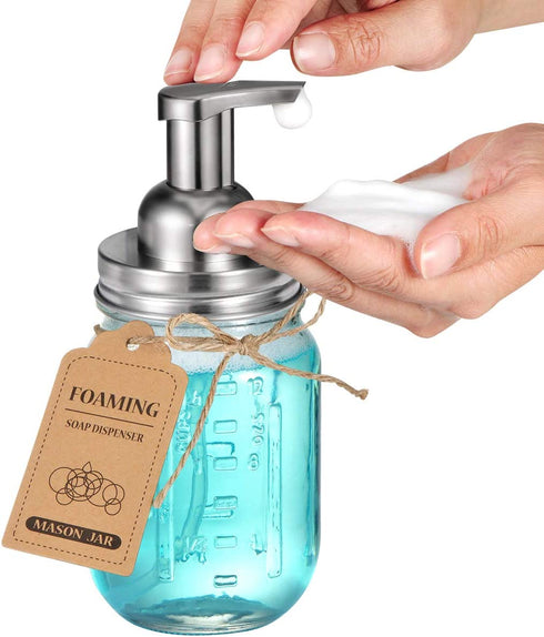 Mason Jar Bathroom Accessories Set(4 Pack) - Foaming Soap Dispenser&Qtip Holder Set&Toothbrush Holder-Rustic Farmhouse Decor Bathroom Organizer Apothecary Jar Country Countertop (Brushed Nickel)